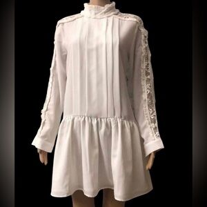 Endless Rose Ivory Drop Waist Lace Fringe Long Sleeve Romantic Eyelet Mini Dress